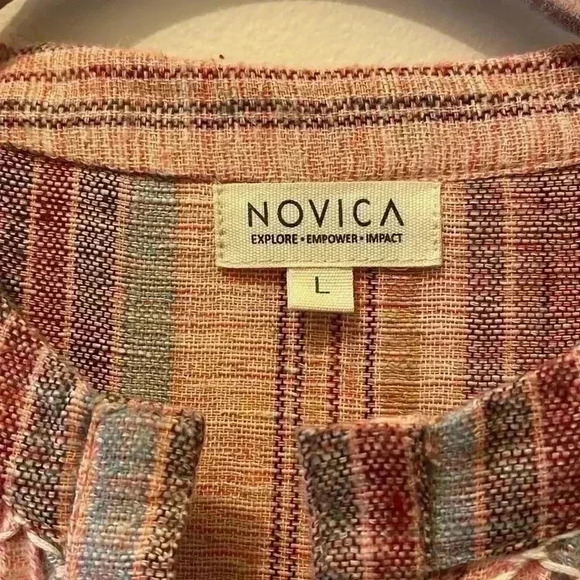 Novica Striped Embroidered Cotton A-Line Dress SZ Large - Picture 3 of 6